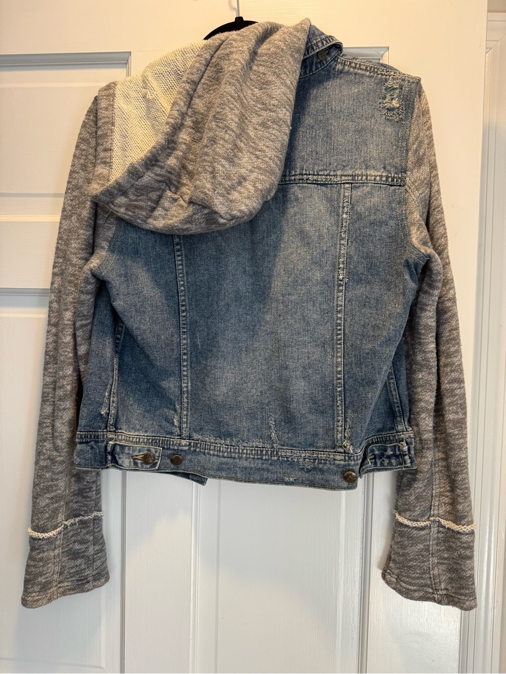Free People Blue Denim Jacket with Gray Knit Hood & Sleeves - Picture 5 of 5